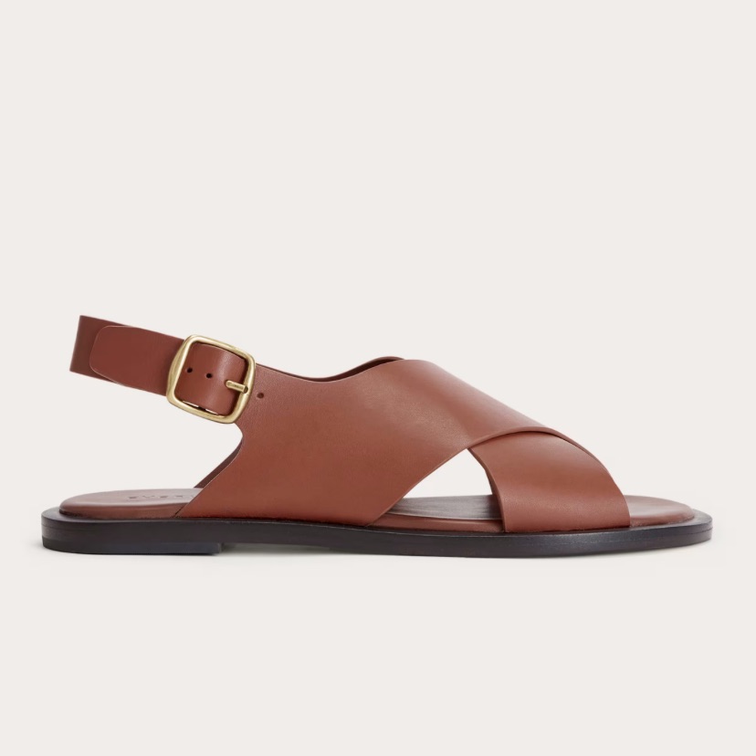 Everlane Brown Leather Cross-Strap Slingback Sandals With Gold Buckle
